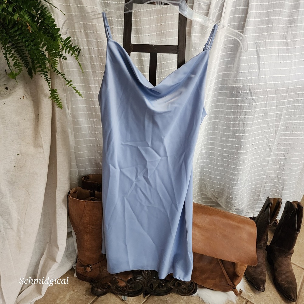 Urban Outfitters Mallory Cowl Neck Satin Slip Mini Dress Blue OB912132 Small